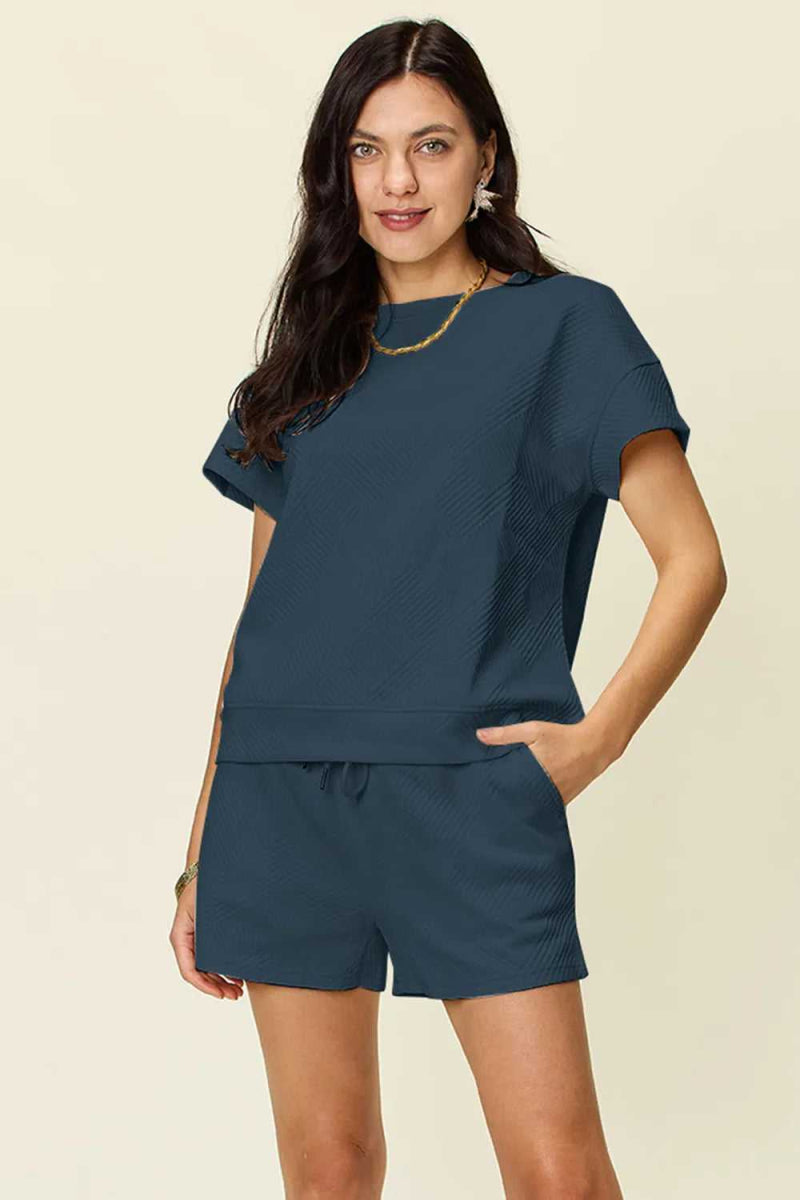 Double Take Full Size Texture Short Sleeve T-Shirt and Drawstring Shorts Set - Hopeford Streams