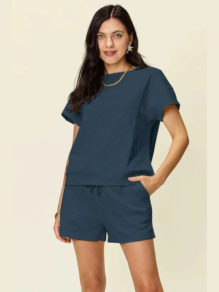 Double Take Full Size Texture Short Sleeve T-Shirt and Drawstring Shorts Set -- 
