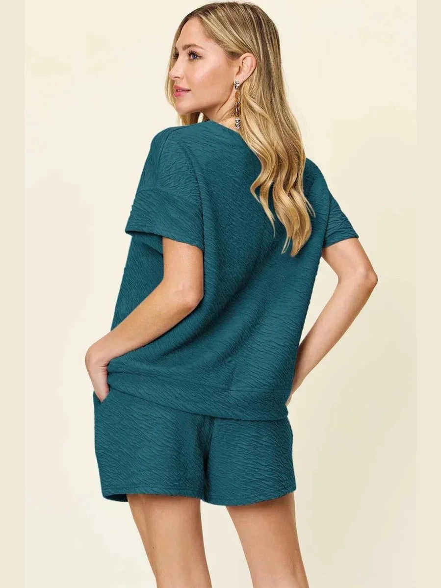 Double Take Full Size Texture Short Sleeve T-Shirt and Drawstring Shorts Set -- 