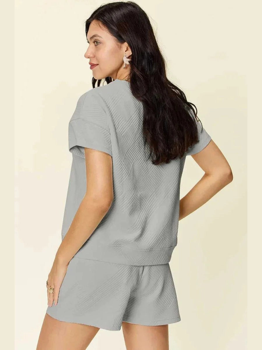 Double Take Full Size Texture Short Sleeve T-Shirt and Drawstring Shorts Set -- 