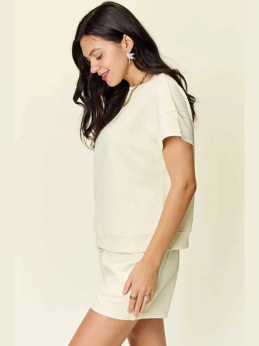 Double Take Full Size Texture Short Sleeve T-Shirt and Drawstring Shorts Set -- 