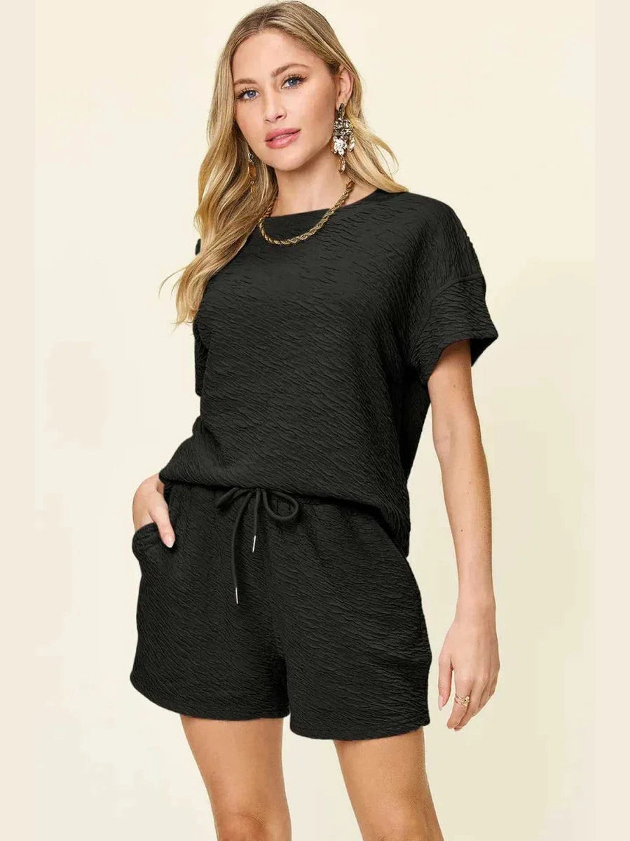 Double Take Full Size Texture Short Sleeve T-Shirt and Drawstring Shorts Set -- 