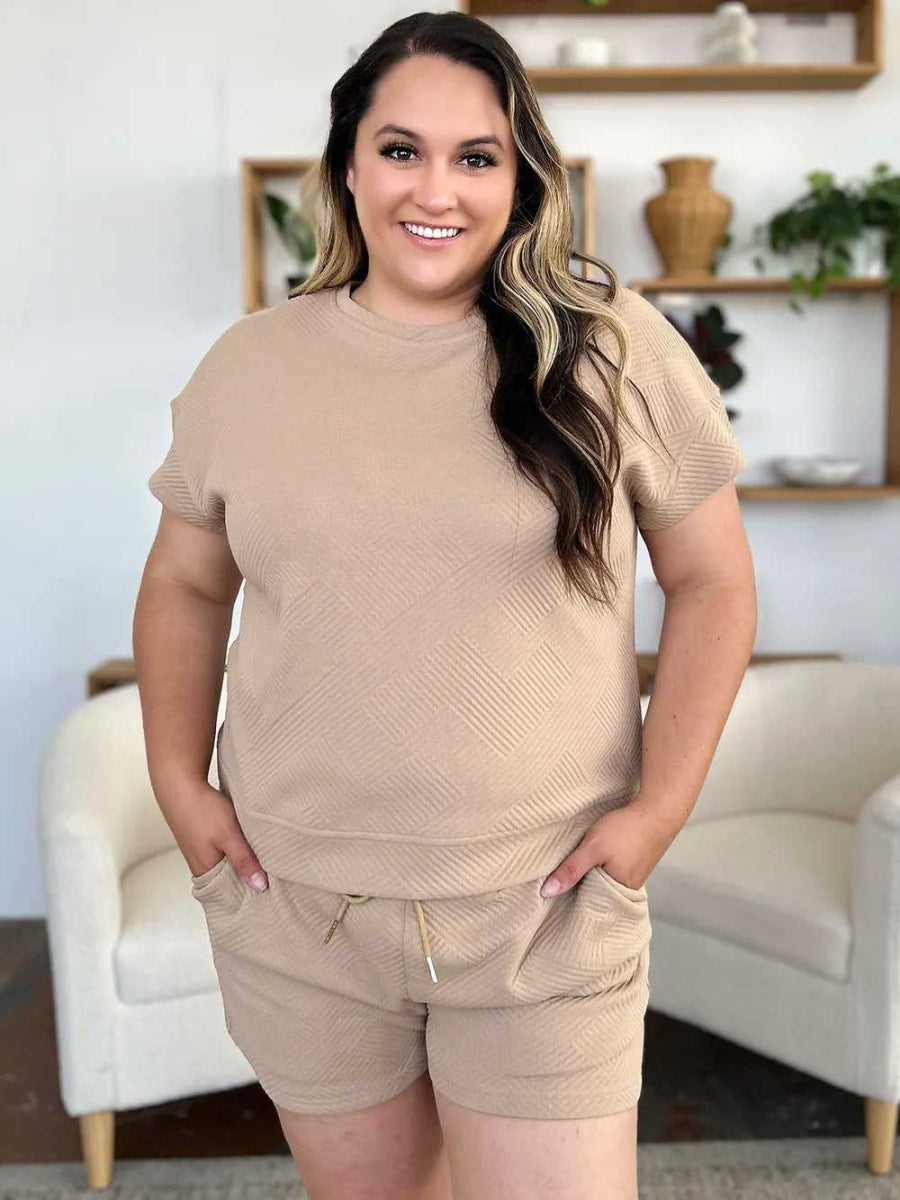 Double Take Full Size Texture Short Sleeve T-Shirt and Drawstring Shorts Set - Hopeford Streams
