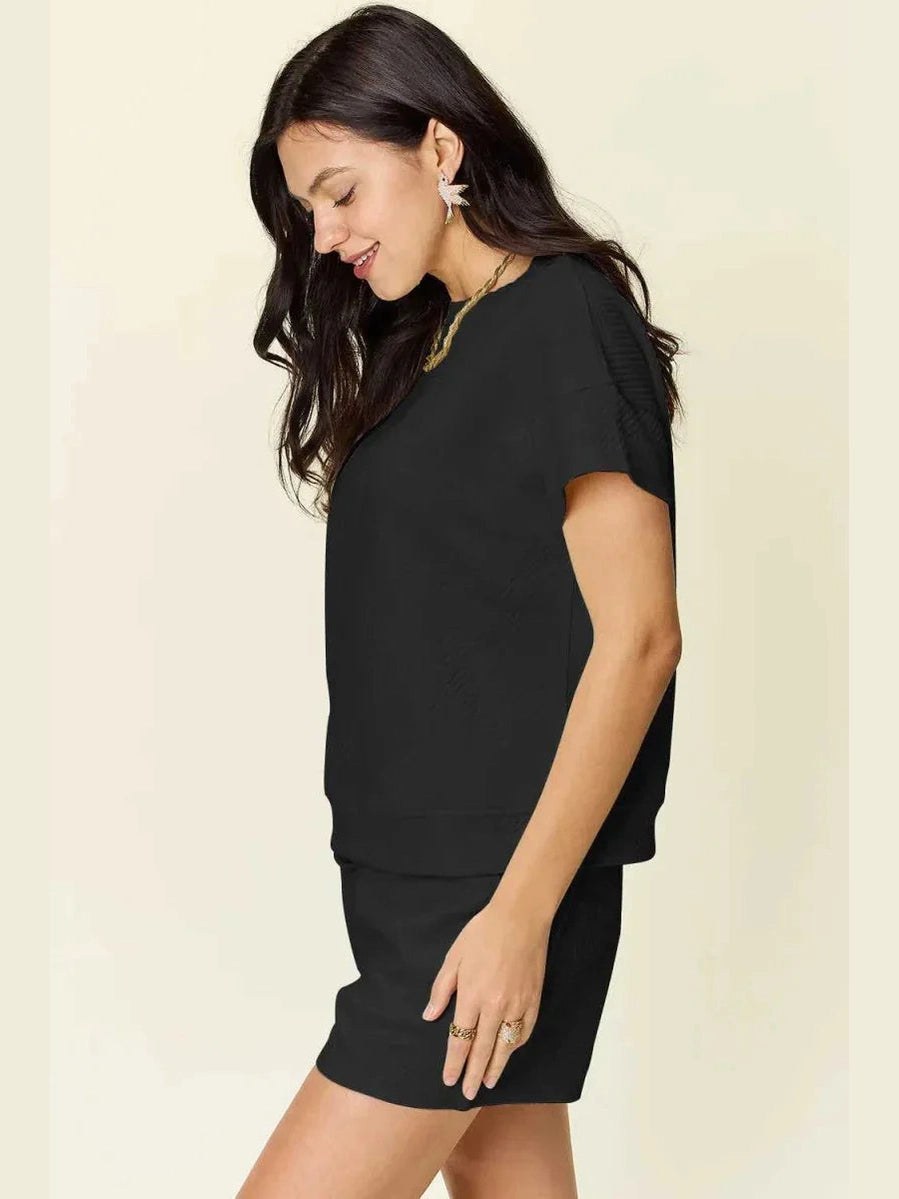 Double Take Full Size Texture Short Sleeve T-Shirt and Drawstring Shorts Set -- 