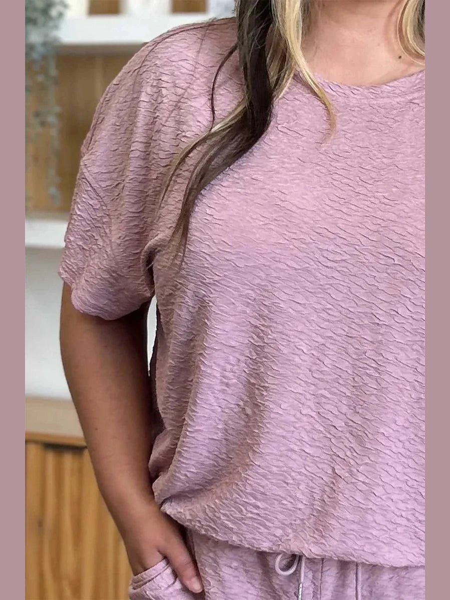 Double Take Full Size Texture Short Sleeve Top and Pants Set -- 