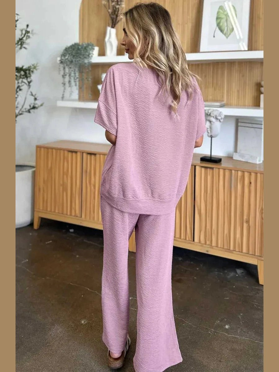 Double Take Full Size Texture Short Sleeve Top and Pants Set -- 
