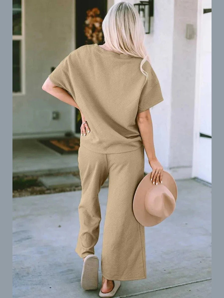 Double Take Full Size Texture Short Sleeve Top and Pants Set -- 