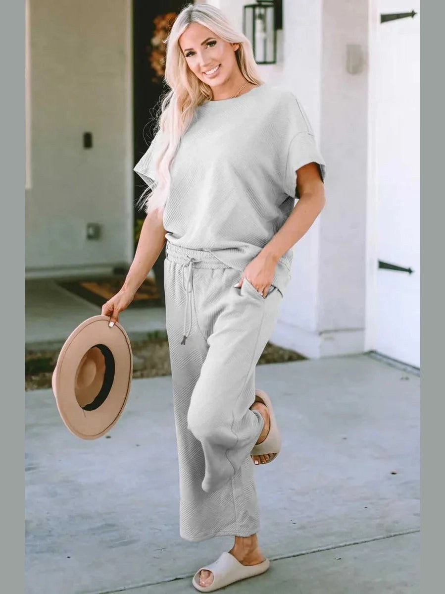 Double Take Full Size Texture Short Sleeve Top and Pants Set -- 