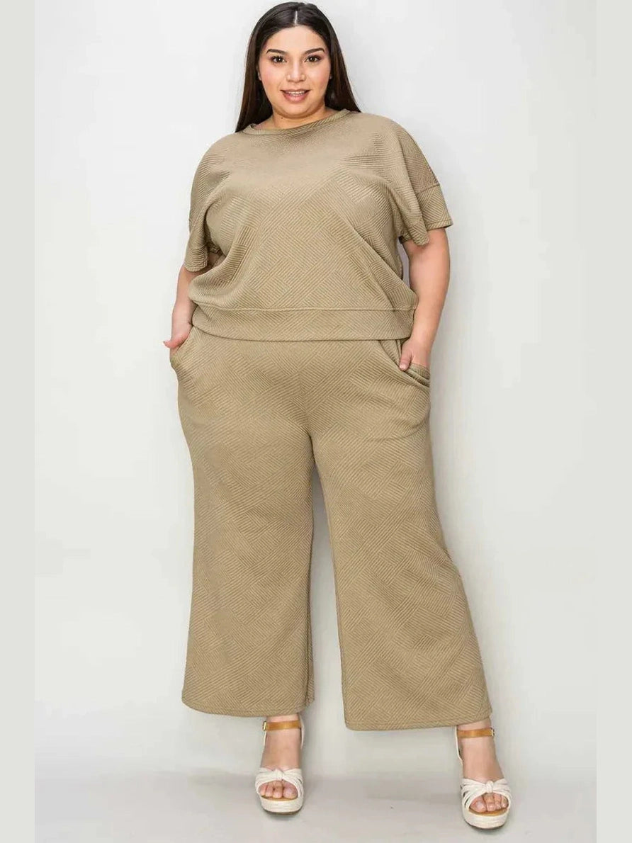 Double Take Full Size Texture Short Sleeve Top and Pants Set -- 