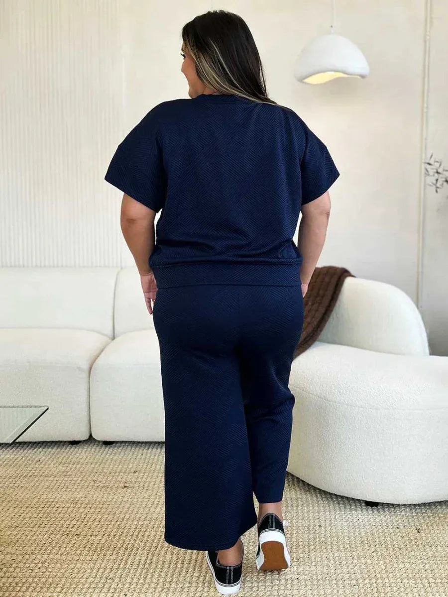 Double Take Full Size Texture Short Sleeve Top and Pants Set -- 