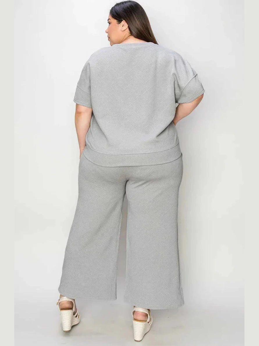 Double Take Full Size Texture Short Sleeve Top and Pants Set -- 