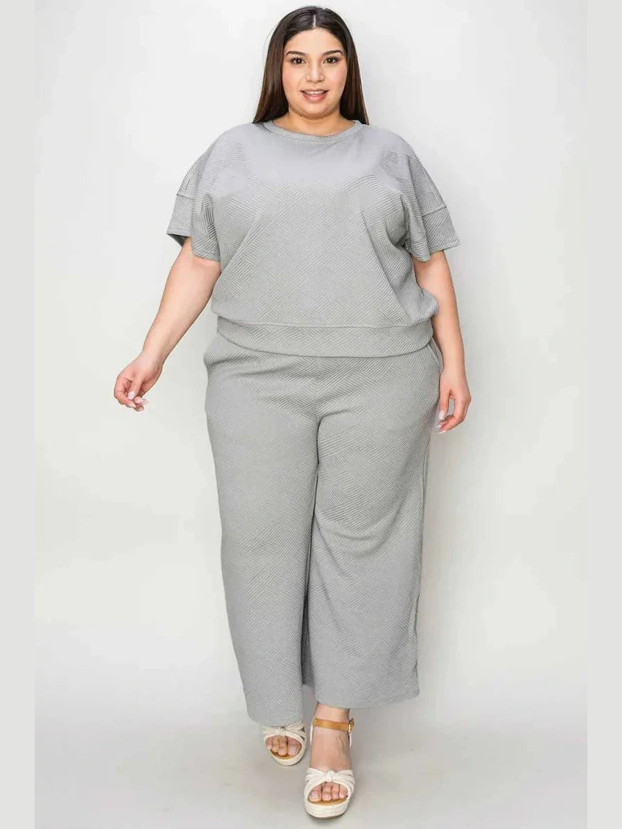 Double Take Full Size Texture Short Sleeve Top and Pants Set -- 