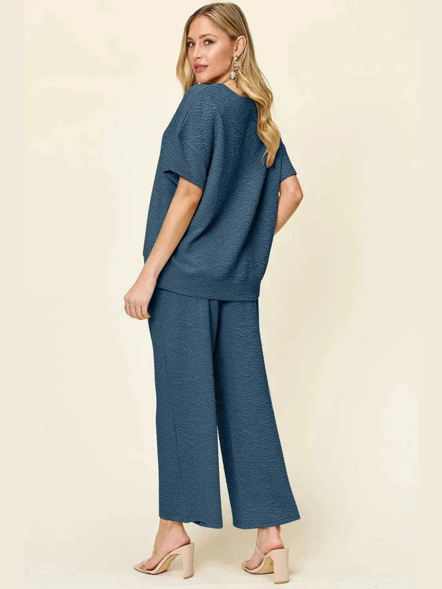 Double Take Full Size Texture Short Sleeve Top and Pants Set -- 