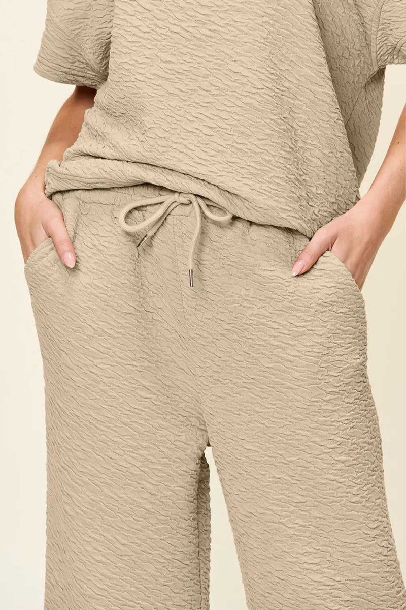 Double Take Full Size Texture Short Sleeve Top and Pants Set - Hopeford Streams