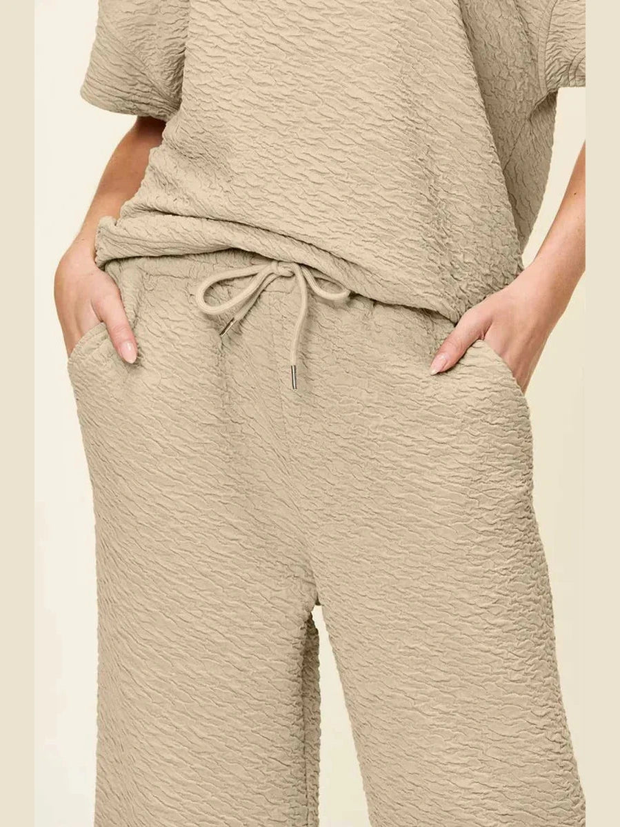 Double Take Full Size Texture Short Sleeve Top and Pants Set -- 
