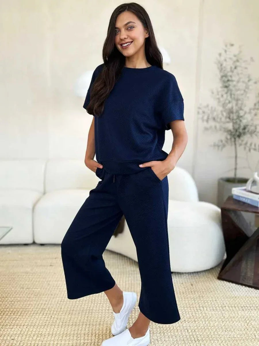 Double Take Full Size Texture Short Sleeve Top and Pants Set -- 