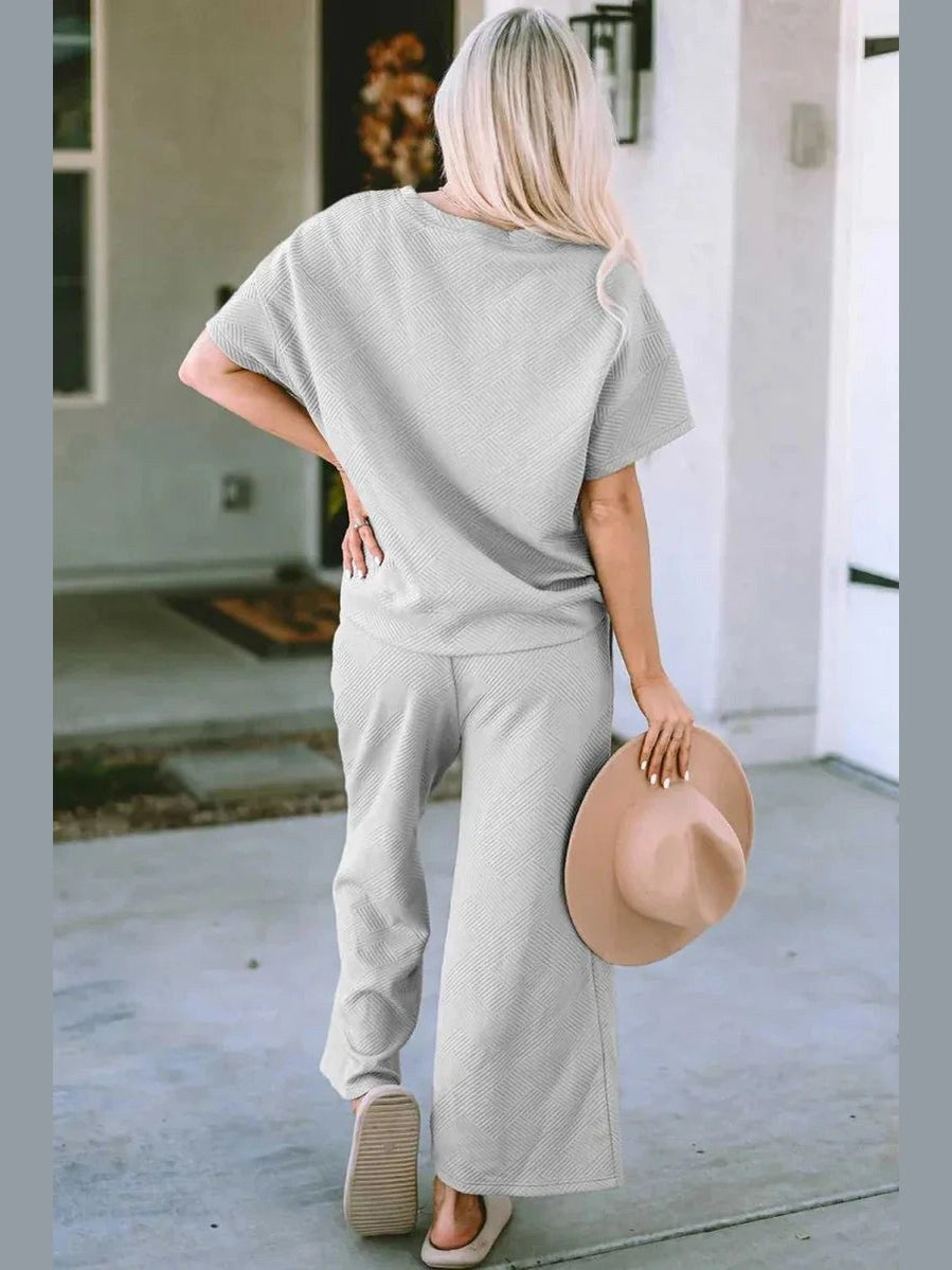 Double Take Full Size Texture Short Sleeve Top and Pants Set -- 
