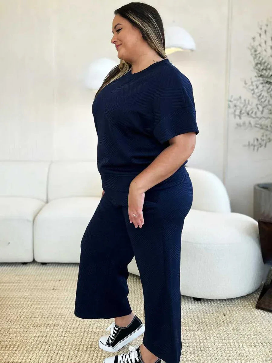 Double Take Full Size Texture Short Sleeve Top and Pants Set -- 
