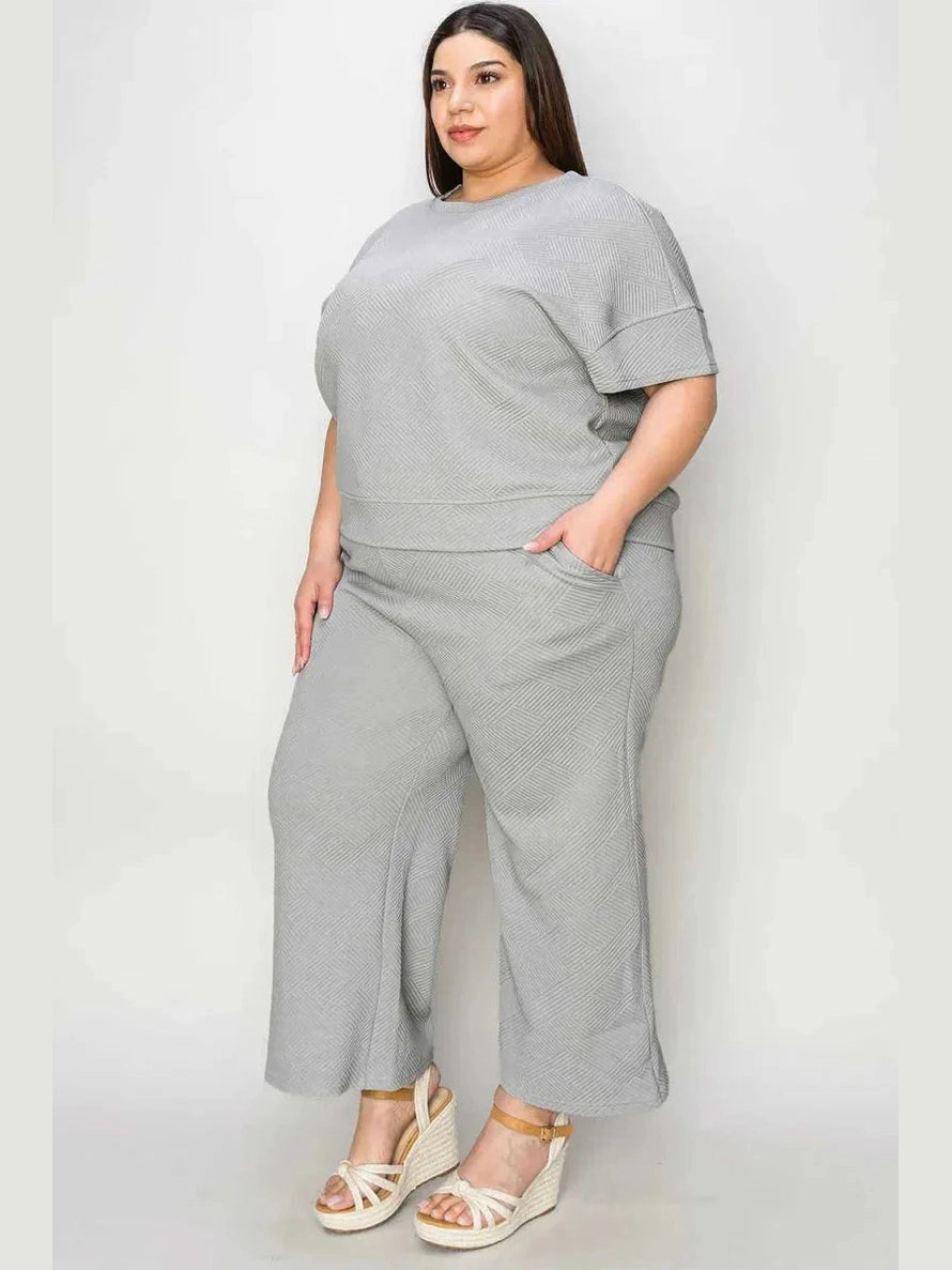 Double Take Full Size Texture Short Sleeve Top and Pants Set -- 