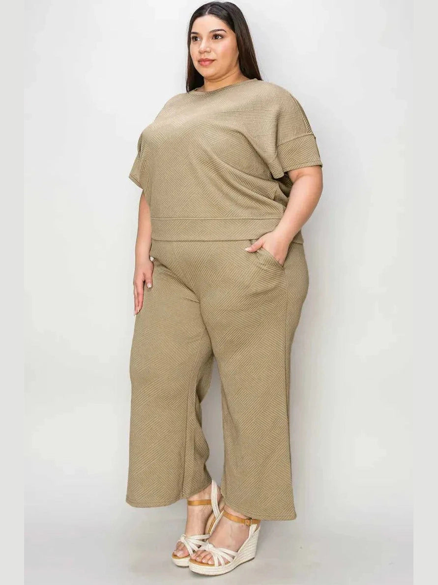 Double Take Full Size Texture Short Sleeve Top and Pants Set -- 