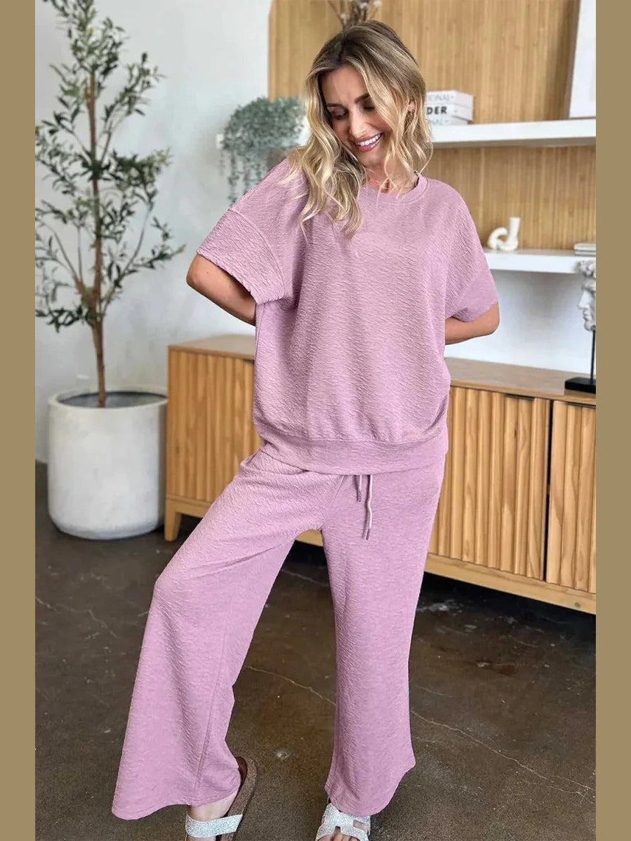 Double Take Full Size Texture Short Sleeve Top and Pants Set -- 