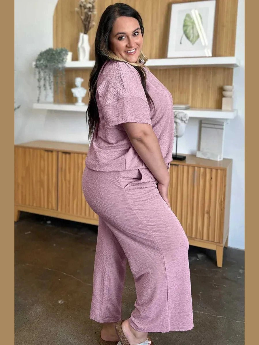 Double Take Full Size Texture Short Sleeve Top and Pants Set -- 