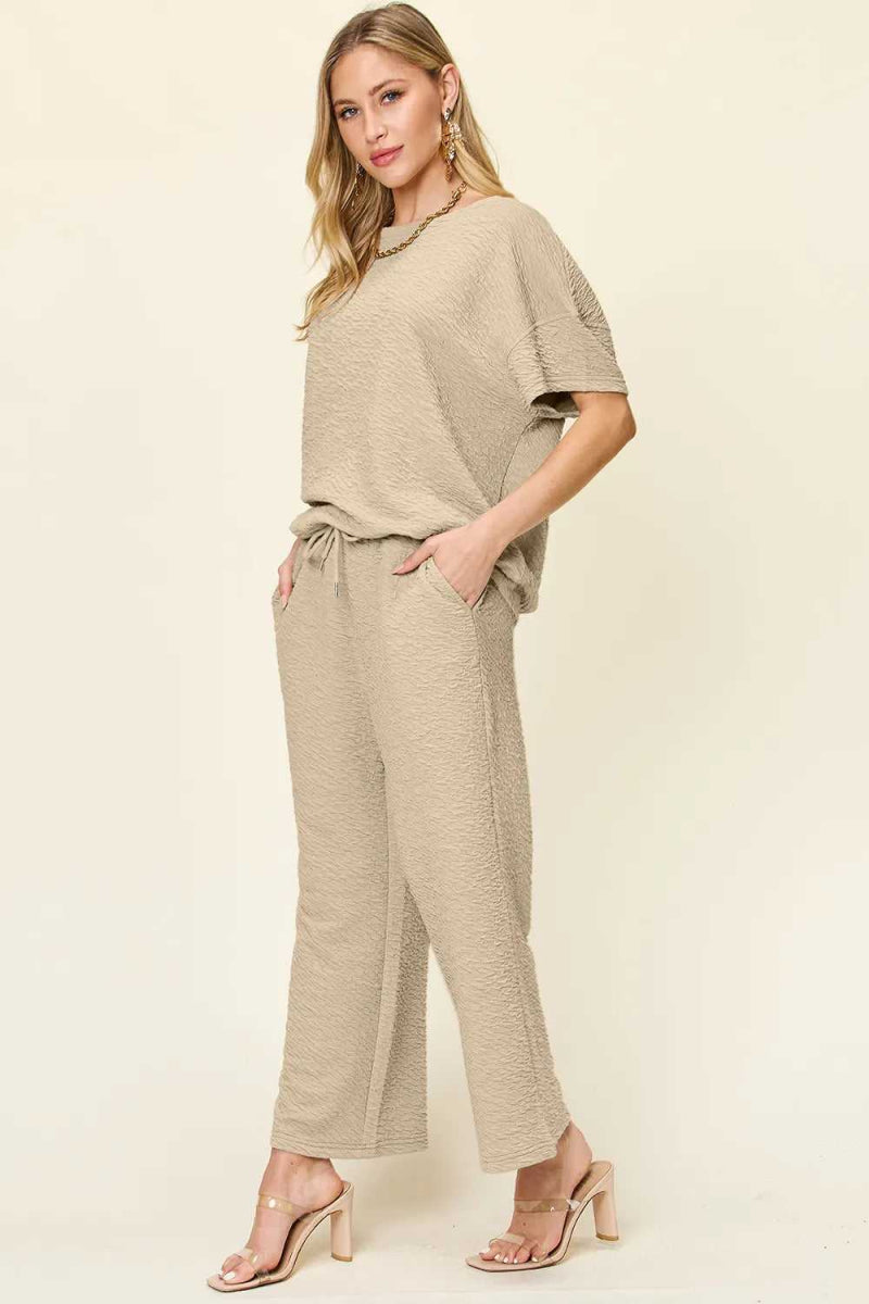 Double Take Full Size Texture Short Sleeve Top and Pants Set - Hopeford Streams