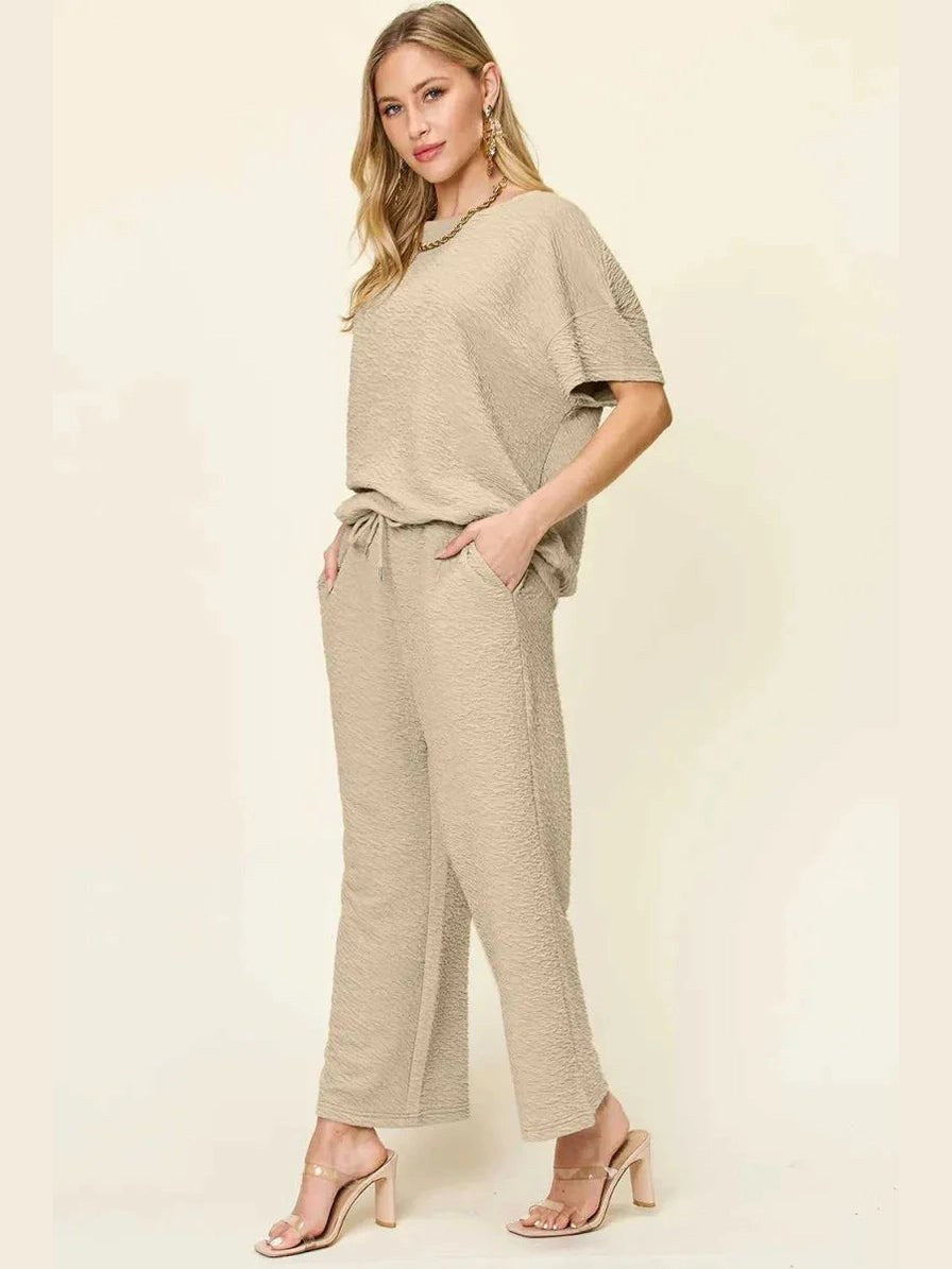 Double Take Full Size Texture Short Sleeve Top and Pants Set -- 