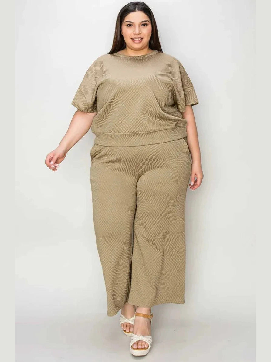 Double Take Full Size Texture Short Sleeve Top and Pants Set -- 