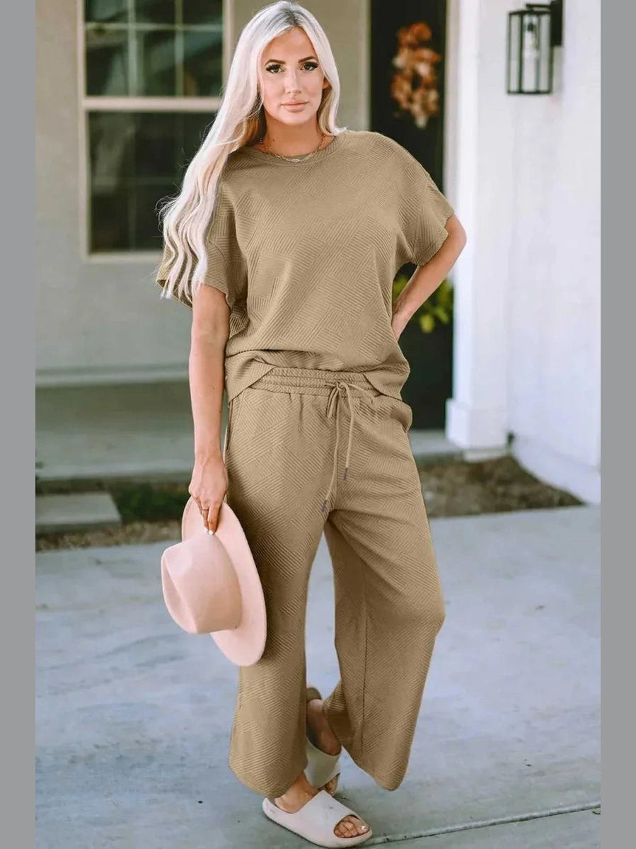 Double Take Full Size Texture Short Sleeve Top and Pants Set -- 