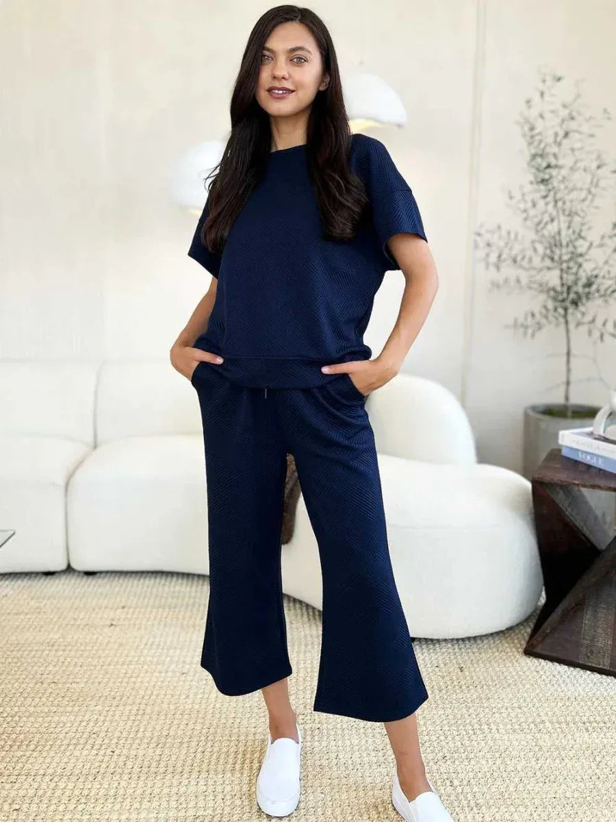 Double Take Full Size Texture Short Sleeve Top and Pants Set -- 