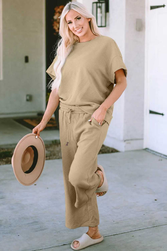 Double Take Full Size Texture Short Sleeve Top and Pants Set - Hopeford Streams