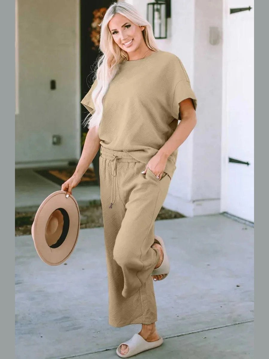 Double Take Full Size Texture Short Sleeve Top and Pants Set -- 