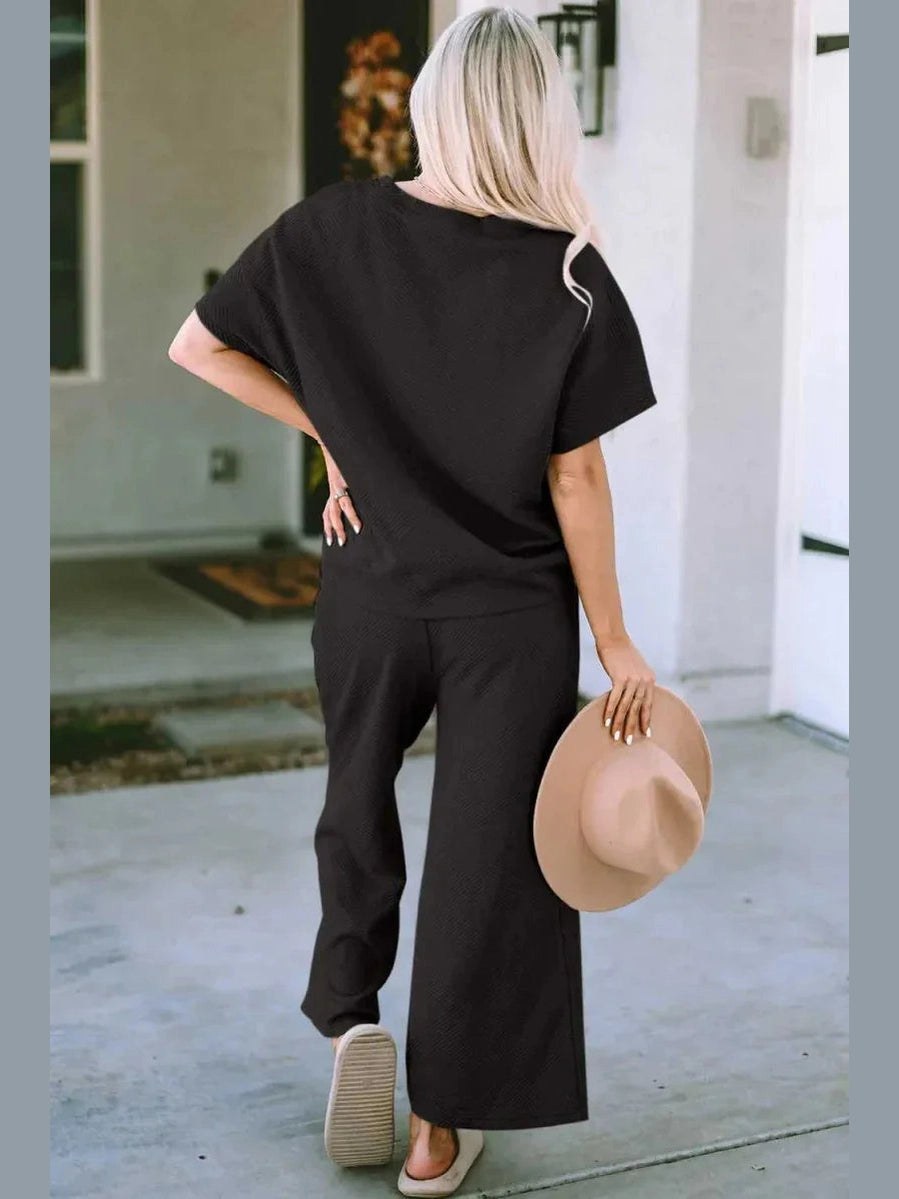 Double Take Full Size Texture Short Sleeve Top and Pants Set -- 