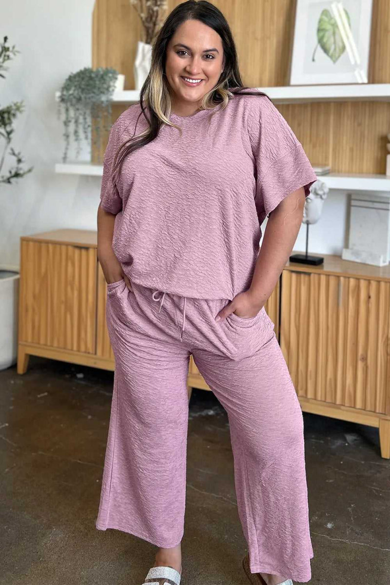 Double Take Full Size Texture Short Sleeve Top and Pants Set - Hopeford Streams
