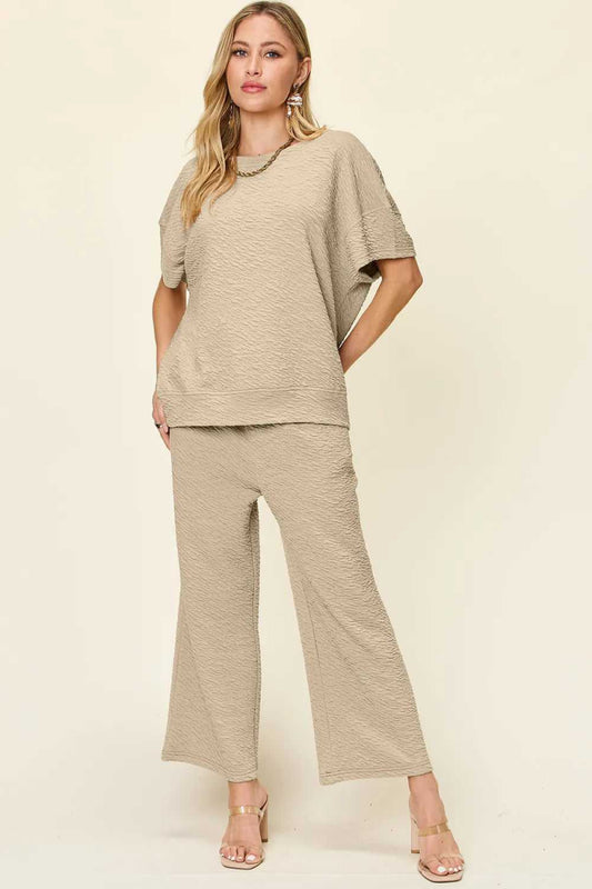 Double Take Full Size Texture Short Sleeve Top and Pants Set - Hopeford Streams
