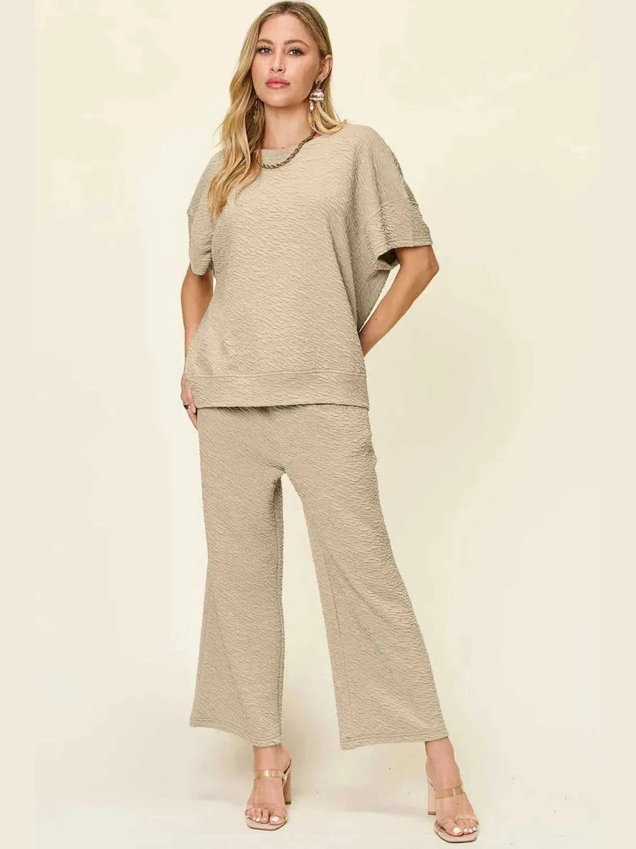 Double Take Full Size Texture Short Sleeve Top and Pants Set -- 