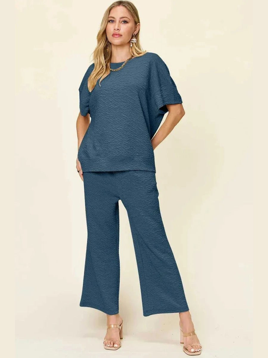 Double Take Full Size Texture Short Sleeve Top and Pants Set -- 