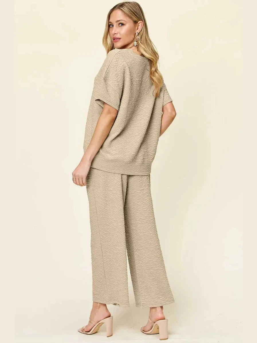 Double Take Full Size Texture Short Sleeve Top and Pants Set -- 