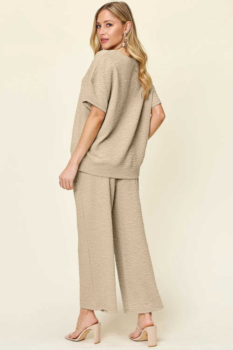 Double Take Full Size Texture Short Sleeve Top and Pants Set - Hopeford Streams