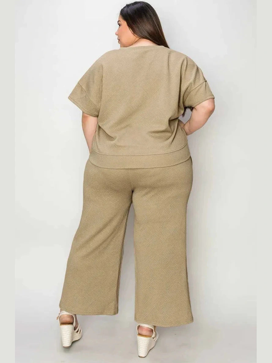 Double Take Full Size Texture Short Sleeve Top and Pants Set -- 