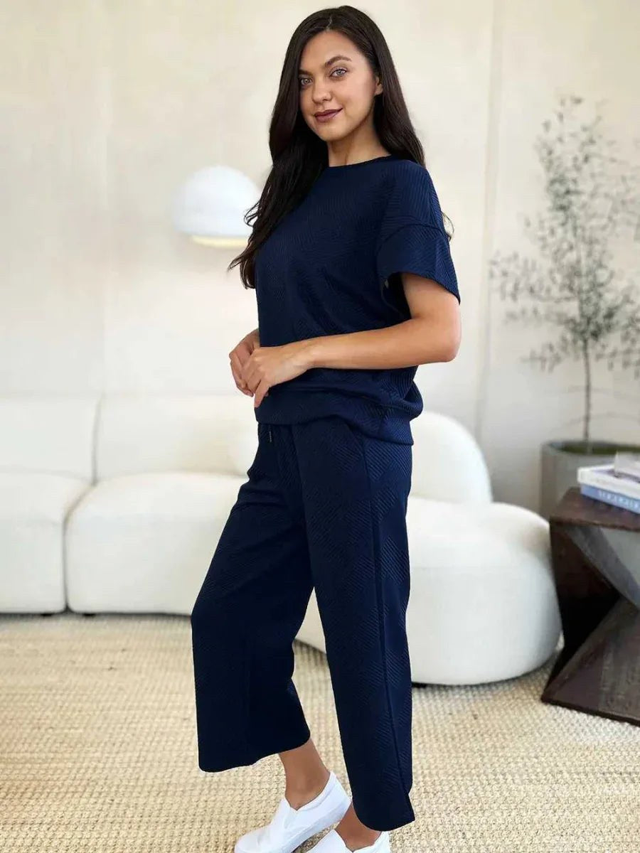 Double Take Full Size Texture Short Sleeve Top and Pants Set -- 