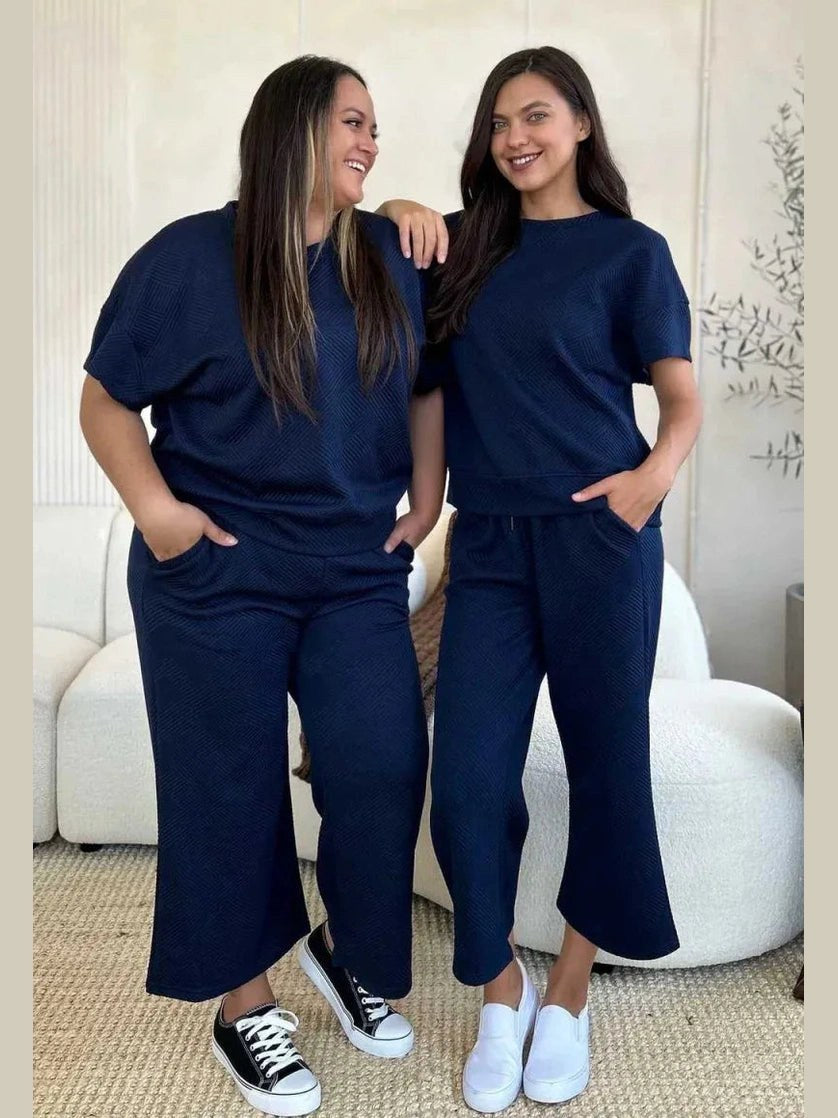 Double Take Full Size Texture Short Sleeve Top and Pants Set -- 