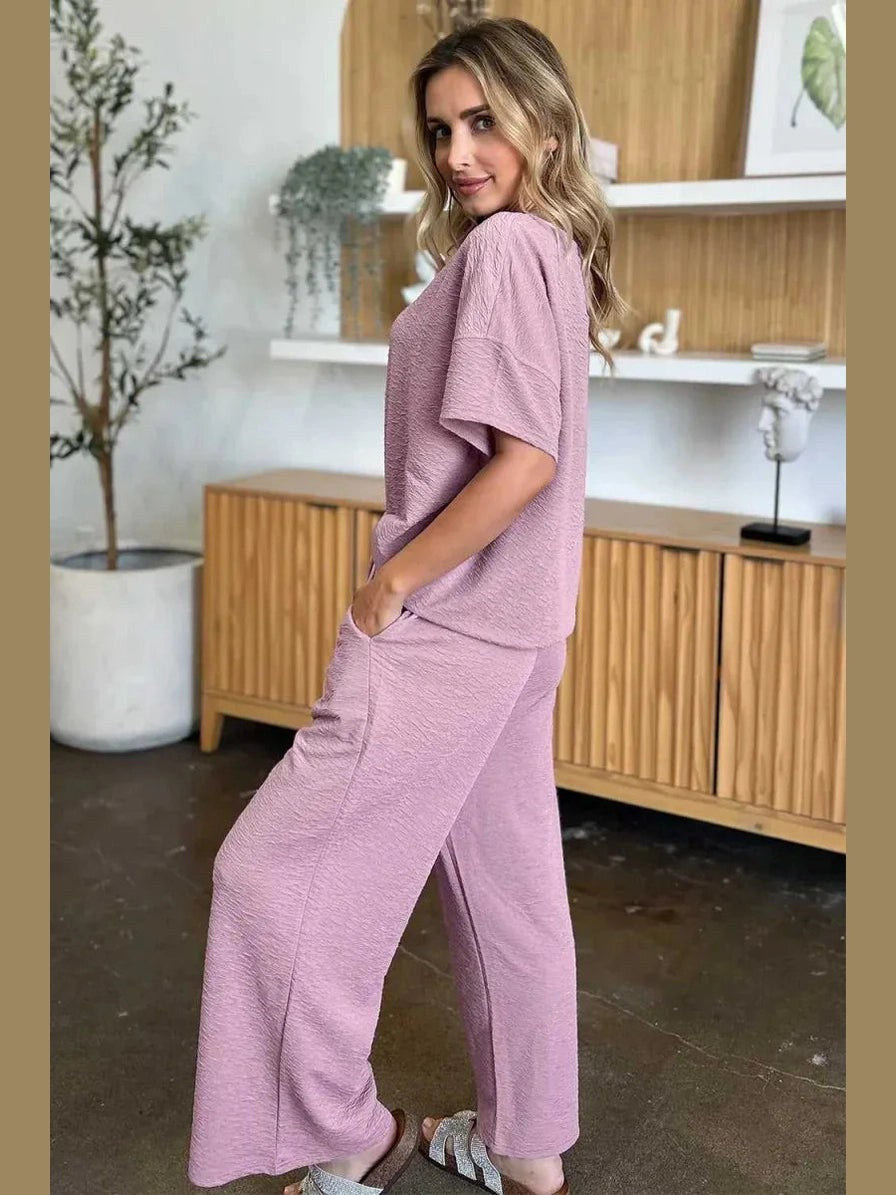 Double Take Full Size Texture Short Sleeve Top and Pants Set -- 