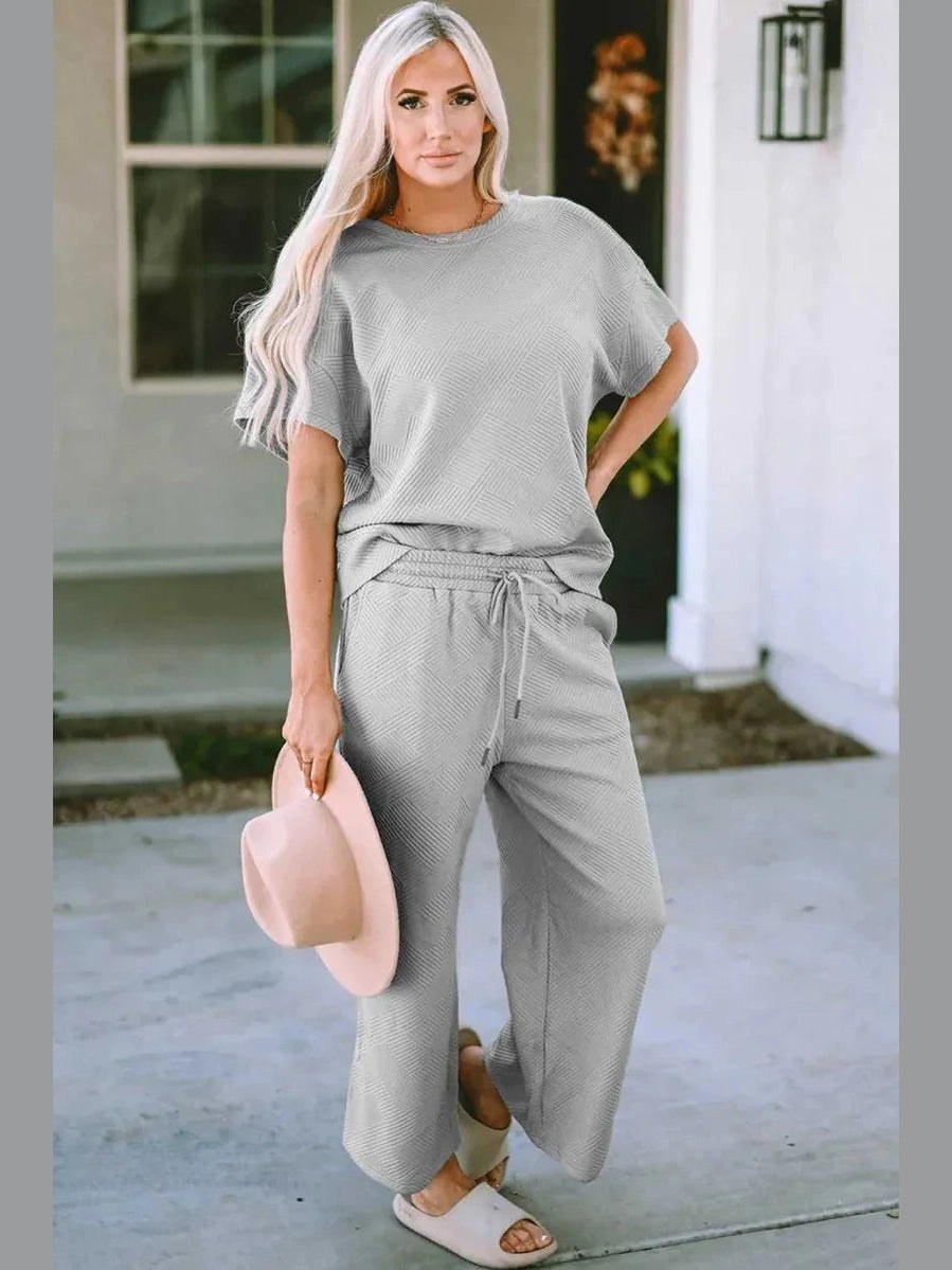 Double Take Full Size Texture Short Sleeve Top and Pants Set -- 
