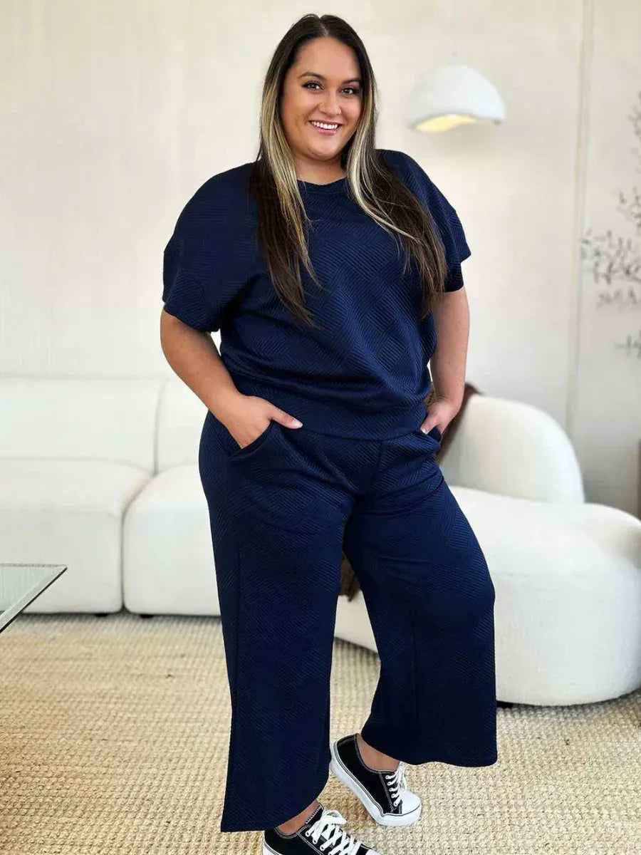 Double Take Full Size Texture Short Sleeve Top and Pants Set -- 