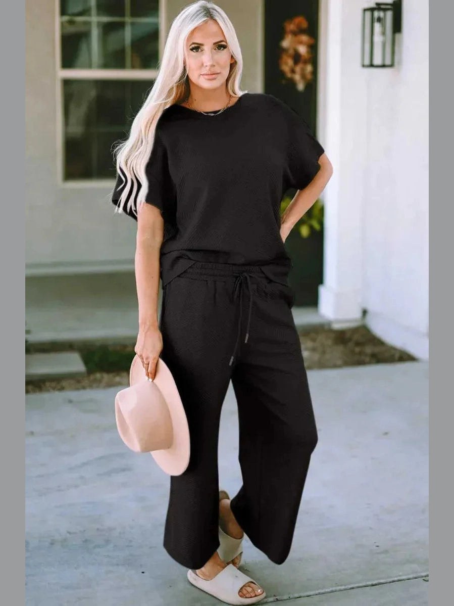 Double Take Full Size Texture Short Sleeve Top and Pants Set -- 