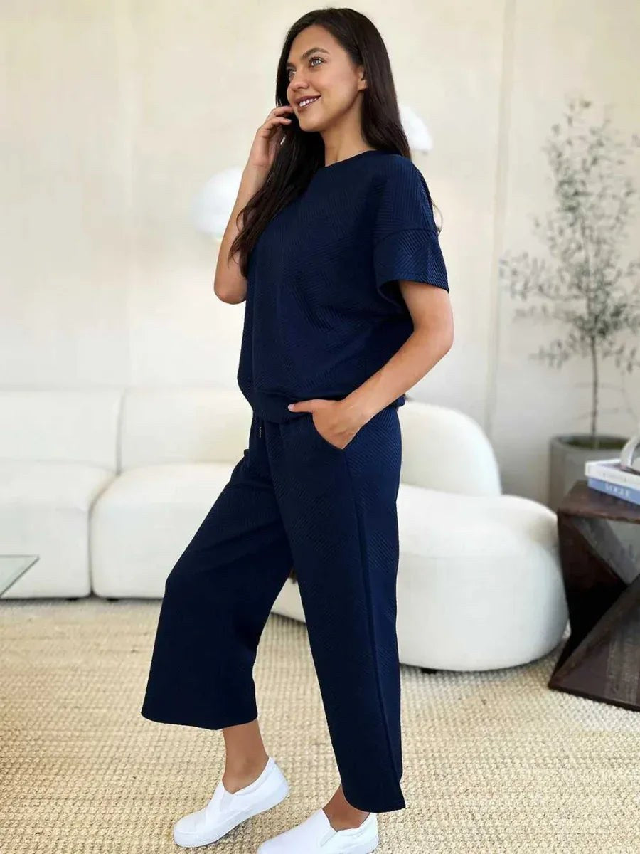 Double Take Full Size Texture Short Sleeve Top and Pants Set -- 