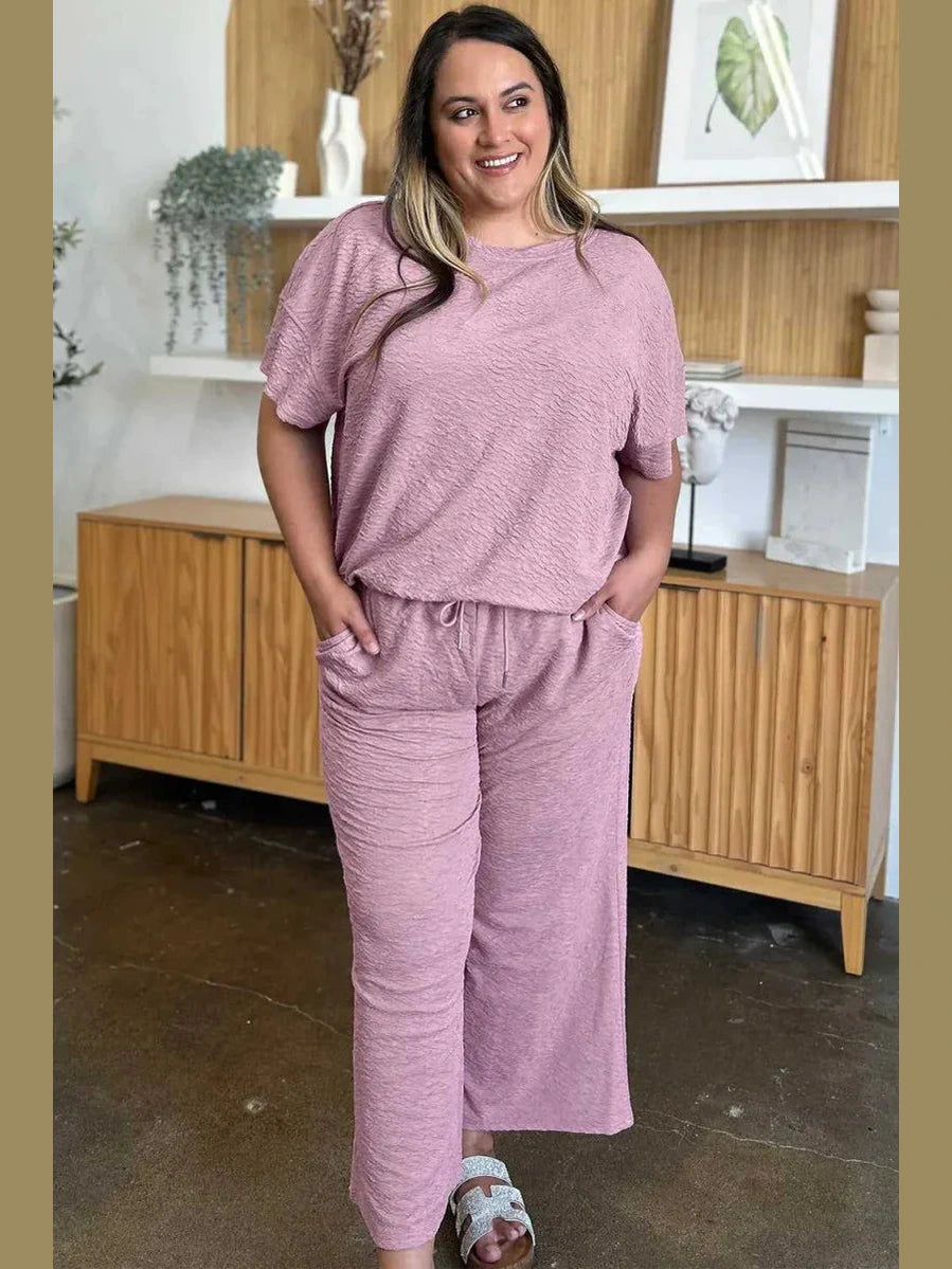 Double Take Full Size Texture Short Sleeve Top and Pants Set -- 
