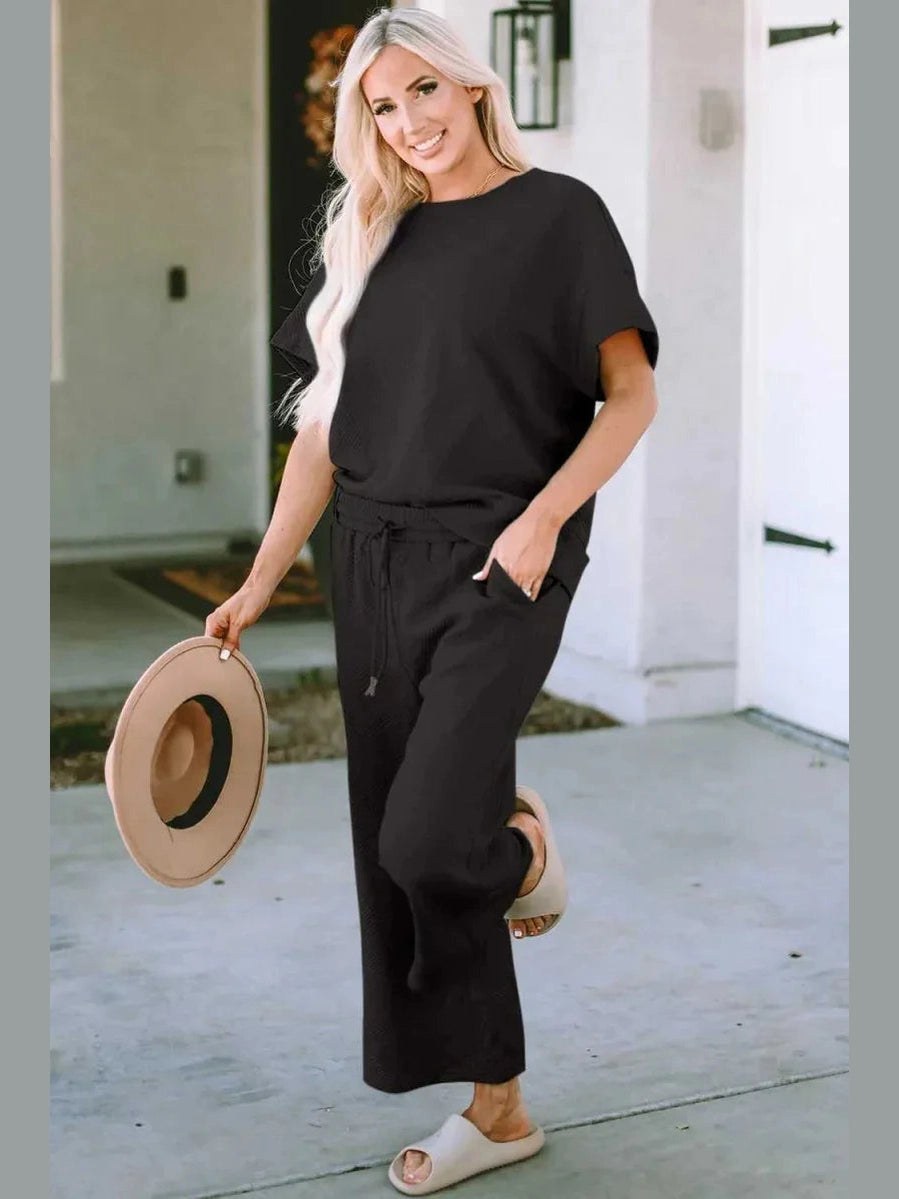 Double Take Full Size Texture Short Sleeve Top and Pants Set -- 